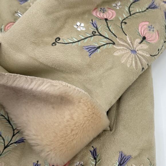 Embroidered Floral Faux Vegan Suede Sherpa Lined Boho Western Jacket Coat LARGE - Picture 6 of 11